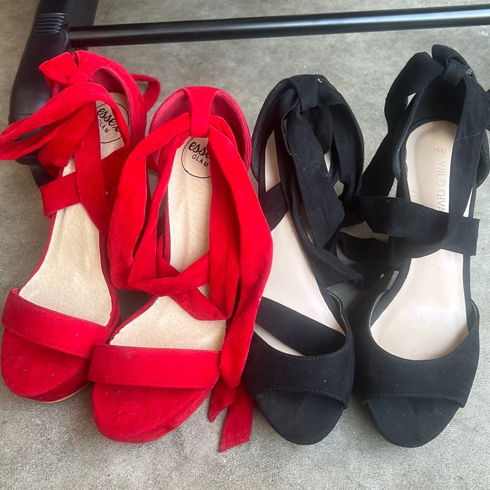 Two pairs of lace up platform suede heels